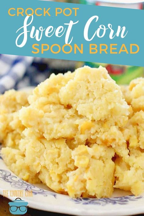 This Crock Pot Sweet Corn Spoon Bread recipe is made with Jiffy corn muffin mix, canned sweet corn and is one of the best holiday side dishes!  #Corn #Bread #Thanksgiving #SideDish Sweet Corn Spoon Bread, Spoon Bread Recipe, Holiday Crockpot, Corn Spoon Bread, Crock Pot Corn, Slow Cooker Christmas, Jiffy Corn Muffins, Crock Pot Bread, Spoon Bread