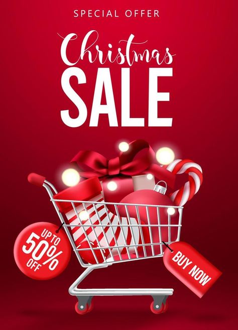 Christmas sale vector poster design. Christmas special offer promotion text with shopping cart elements for xmas holiday clearance design. Vector illustration. Xmas Promotion Design, Christmas Offer Poster, Christmas Sales Flyer Design, Clearance Sale Poster Design, Christmas Campaign Advertising, Christmas Promotion Ideas, Christmas Sale Poster Design, Christmas Promotion Design, Christmas Sale Design