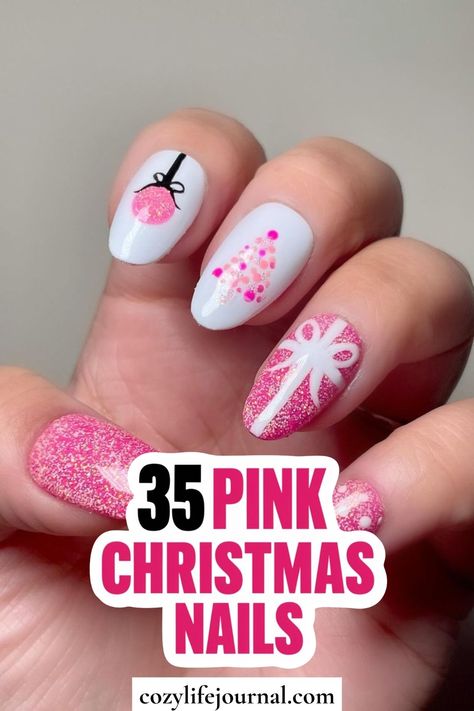 Pink Christmas-themed nail art with ornaments and bows on a white background. Pink Red Holiday Nails, Glitter Pink Christmas Nails, Pink Christmas Pedicure, Pink Nutcracker Christmas Nails, Easy Pink Christmas Nails, Winter Nail Designs Pink, Simple Christmas Nails Pink, Christmas Nails With Pink, Short Christmas Nails Pink