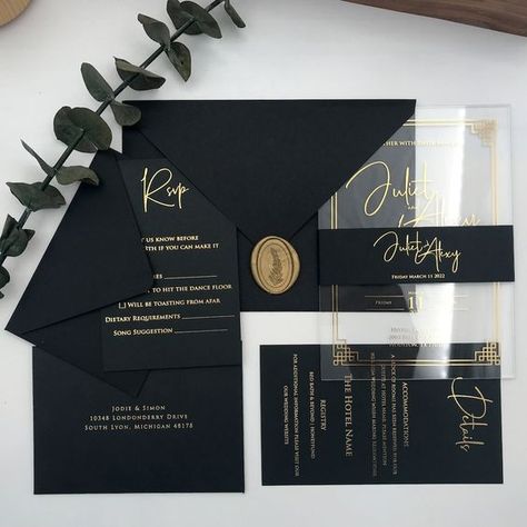 Acrylic Wedding Invitation Suite and Set With Envelopes, Rsvps and Detail Cards - Etsy.#WeddingInvitations #WeddingStationery #Invitation #WeddingPlanning #CustomInvitations Black And Gold Wedding, Acrylic Wedding Invitation, Foil Printing, Black Wedding Invitations, Acrylic Wedding Invitations, Dark Wedding, Acrylic Invitations, Black Invitation, Personalized Acrylic