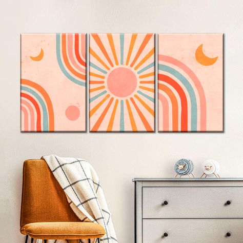 Sun And Moon Canvas, Nursery Sun, Peach Nursery, Dance Room, Moon Canvas, Boho Inspo, Wall Decorating, Boho Painting, Moon Wall Art