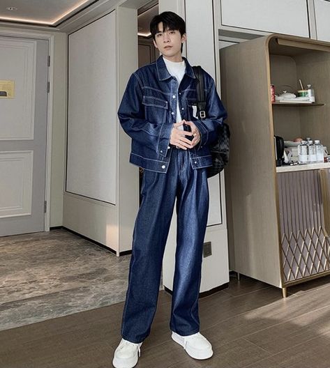 Blue Pants Outfit Men, Blue Trousers Outfit, Blue Jean Jacket Outfits, Jean Jacket Outfits Men, Blue Outfit Men, Blue Pants Outfit, Korean Streetwear Fashion, Denim Outfit Men, Streetwear Fashion Men