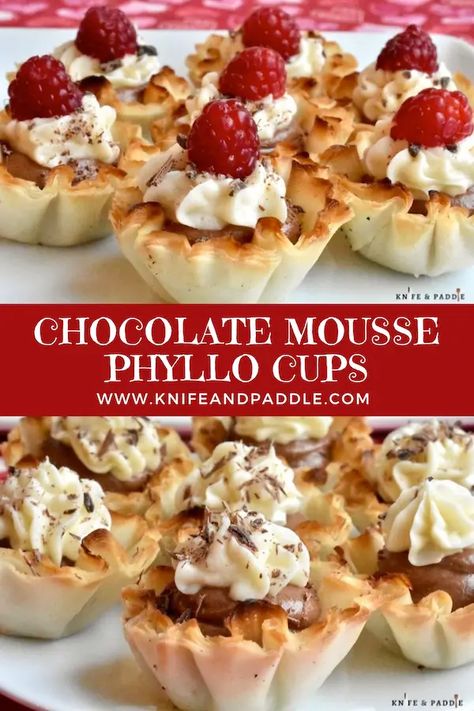 Pastry Cups Desserts, Desserts In Phyllo Cups, Mini Mousse Cups, Mini Chocolate Mousse Cups, Phyllo Dessert Recipes, Phyllo Cup Dessert Recipes, Phyllo Cup Desserts, Phyllo Tart Shell Recipes, Mini Phyllo Cup Recipes