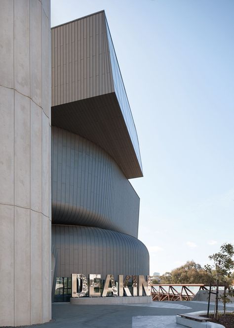 Deakin University Law School building (Australia) designed by Woods Bagot, shot for Industry Cladding & Roofing, VMZINC and Deakin University. Copyright: Peter Marko #architecture #vmzinc #zinc #facade #Australia Deakin University Melbourne, University Building Architecture, Deakin University, University Building, Form Inspiration, Woods Bagot, University Australia, 10 Year Plan, Arch Architecture