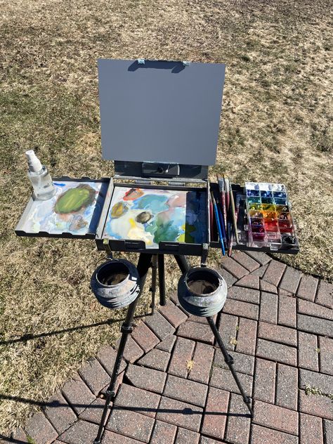 Plain Air Painting Set Up, Plein Air Setup, Plein Air Watercolor Set Up, Gouache Plein Air, Painting Outfit, Painting Equipment, Plein Air Easel, Plein Air Watercolor, Pochade Box