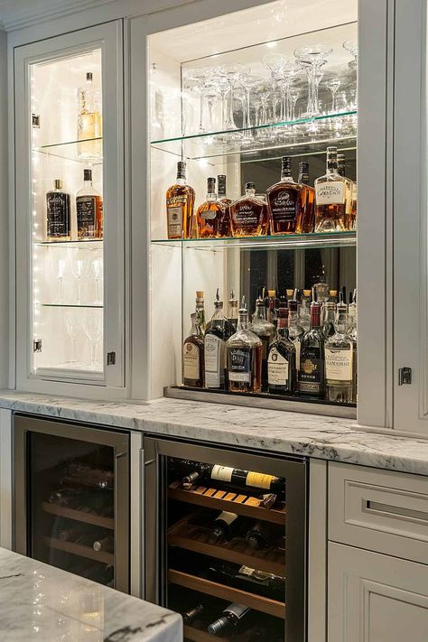 Built In Bar Cabinet Kitchen, Living Room Bar Built In, Built In Mini Bar Ideas, Double Sided Bar, Kitchen Drinks Bar, Beverage Center In Kitchen, Built In Bar In Kitchen, Custom Bars For Home, Wet Bar Ideas With Sink