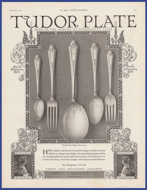 Vintage 1923 TUDOR PLATE Oneida Community Silverware Kitchen Decor Print Ad 20's #TudorPlate Winters Tale, Silver Ware, Stainless Steel Silverware, Flatware Patterns, Oneida Community, Retro Ads, Jazz Age, Vintage Collectibles, Print Ad