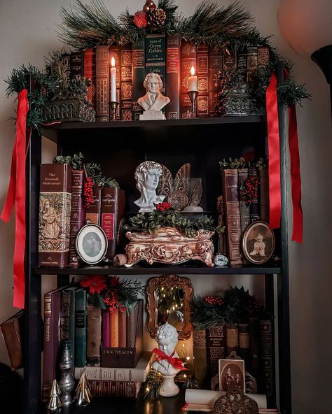 Holiday Bookshelves, Dark Academia Christmas, Christmas Bookshelf, Aesthetic Christmas Tree, Tree Ideas Christmas, Ideas Christmas Tree, Dark Christmas, Christmas Interiors, Social Status