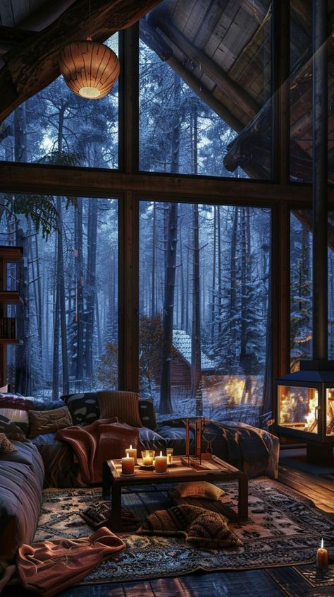 Cabins In The Woods Interior, Winter Chalet, Mountain Dream Homes, I Will Wait, Camping Inspiration, Ceiling Ideas, Scenery Pictures, Night Scenery, Cottage Interiors