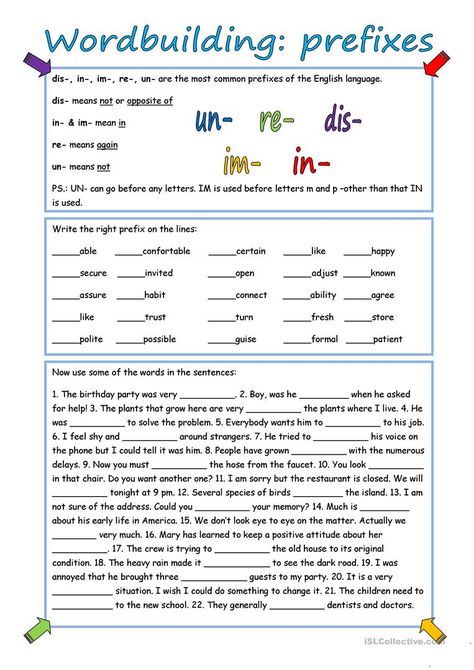 Prefixes Worksheet, Prefix Worksheet, Suffixes Worksheets, English Grammar Exercises, Word Formation, Grammar Exercises, English Exercises, Prefixes And Suffixes, Teaching English Grammar