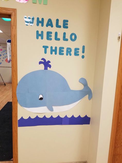 Whale bulletin board Dolphin Bulletin Board Ideas, Jonah And The Whale Bulletin Board, Whale Themed Classroom, Whale Bulletin Board, Whale Door Decoration, Whale Come Bulletin Board, Aquarium Bulletin Board Sea Theme, Whalecome Bulletin Board, Class Board Decoration