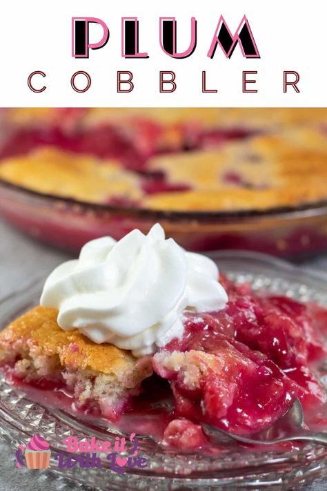 This plum cobbler features sliced fresh plums layered on top of an easy-to-make batter for a completely beginner-friendly dessert! It is sweet, juicy, and super irresistible! Plus, it's the perfect way to use up any extra plums you may have on hand! BakeItWithLove.com Plum Recipes Easy, Cobbler With Bisquick, Plum Cobbler, Peach Cobbler With Bisquick, Plum Dessert, Sweet Potato Salad Recipe, Summer Fruit Recipes, Plum Recipes, Salad With Sweet Potato