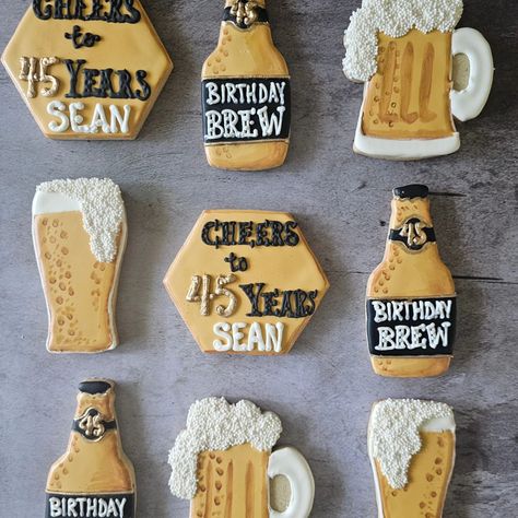 Cheers to 45 years! Let's raise a glass to Sean! #petitesweetsbydonna #cheers #cheersto45years #cookie #cookies #cookiesoffacebook #cookiesofinstagram Beer Cookies, Cheers To 30 Years, National Beer Day, God Loves Us, Lovers Day, Cookie Designs, 45 Years, Beer Lovers, Bday Party