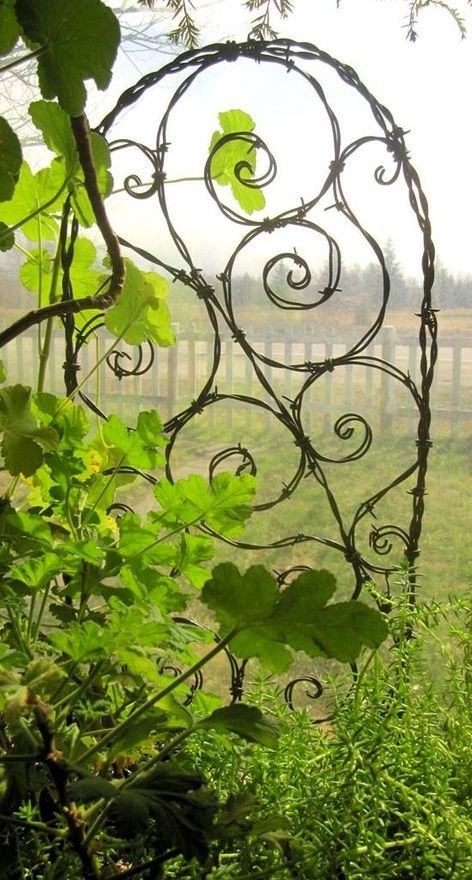 Upcycled barbed wire trellis for your garden...that is cute. just keep out of reach of children Recycled Yard Art, Garden Trellis Designs, Barbed Wire Art, Upcycled Garden, Wire Trellis, Upcycle Garden, Trellis Design, Unique Gardens, Garden Gate