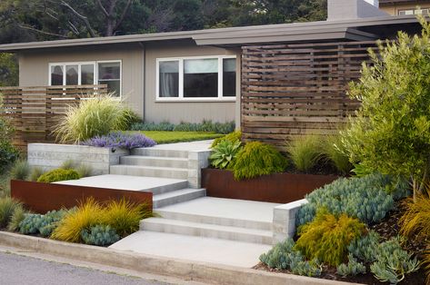 Tiered Landscape, Mid Century Landscape, Modern Front Yard, Front Yard Design, Modern Landscape Design, Front Landscaping, Exterior Makeover, Backyard Inspo, Yard Design