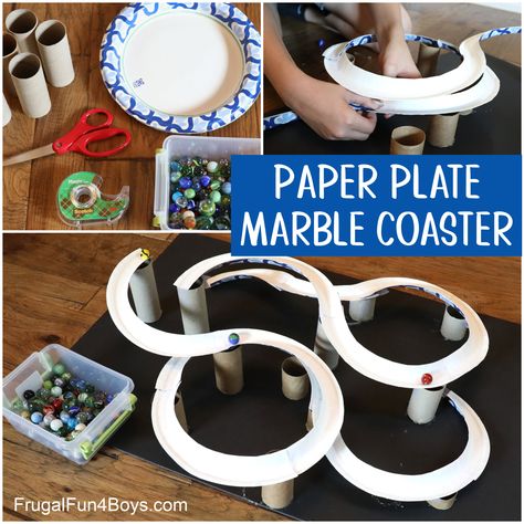 Paper Plate Marble Track - Frugal Fun For Boys and Girls Stem Challenges Kindergarten, Paper Stem Activities, Fall Stem Activities, Destination Imagination, Upcycle Crafts, Marble Tracks, Marble Runs, Cardboard Creations, Marble Race