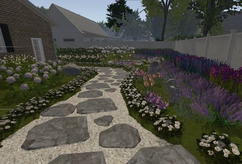 Modern Garden Design Bloxburg, Purple Bloxburg House, Front Garden Bloxburg, Bloxburg Pathway Ideas, Bloxburg House Ideas Castle, Garden Bloxburg Ideas, Bloxburg Front Garden, Bloxburg Path Ideas, Bloxburg Pathway