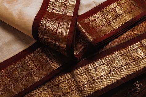 Handwoven Kanjivaram Korvai Silk Cotton Sari in Off-White & Maroon White And Maroon Saree, Indian Dress Up, Engagement Saree, Maroon Saree, Kanjivaram Sarees Silk, Simple Saree Designs, New Saree Designs, Silk Saree Kanchipuram, Wedding Lehenga Designs