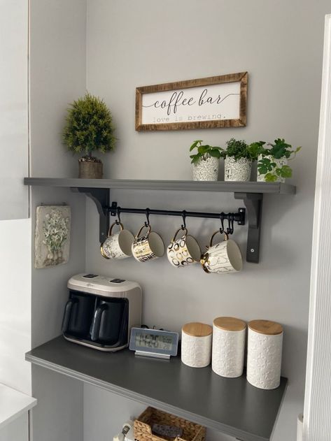 Mini Coffee Bar Ideas Small Spaces, Mini Coffee Bar Small Spaces, Bar Cabinet Decor, Mini Coffee Bar, Kitchen Storage Organization Diy, Wall Table Decor, Coin Café, Home Coffee Stations, Dinner Room