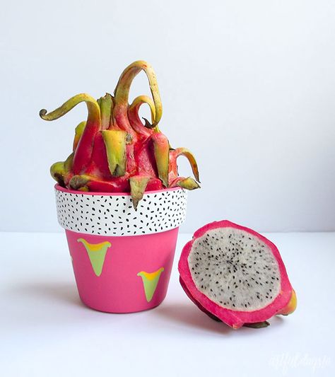 Super cute dragonfruit terra cotta planter pot! #dragonfruit #planter Diy Dragon, Fruit Diy, Fruit Crafts, Terra Cotta Pot, Planting Pots, Terra Cotta Pot Crafts, Painted Pots Diy, Planting Pot, Painted Plant Pots