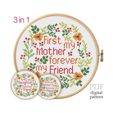 Mother Father And Daughter, Friend Cross Stitch, Mom Appreciation, Cross Stitch Family, Gifts For New Mothers, Stitch Gift, Father And Daughter, Forever Me, Stitching Art