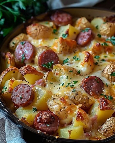 Indulge in the comfort of this Cheesy Potato & Smoked Sausage Casserole tonight! Hot Smoked Sausage Recipes Dinners, Cheesy Potatoes And Smoked Sausage, Cheesy Sausage And Potato Casserole, Cheesy Potato And Sausage Casserole, Cheesy Smoked Sausage And Potatoes, Sides For Smoked Sausage, Cheesy Sausage Potato Casserole, Cheesy Ranch Potatoes And Sausage, Potato Sausage Recipes