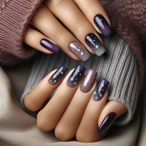 Book Nail Designs, Witchy Manicure, Purple New Years Nails, Purple Winter Nail Designs, Acotar Nail Art, Acotar Nails, Purple Winter Nails, January Nail Art, Ball Nails