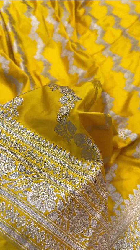 We have a major varieties of colour and design available, but due to heavy demand we may not be able to provide the exact colour and design of your choice instantly. So please inquire before ordering, if the colour of your choice is not available at stock then we will provide you with different designs with similar colour combination. pure handloom katan  Banarasi saree in India  yellow high demand colour. Yellow Saree Styling, Lemon Colour Saree, Yellow Saree For Wedding, Light Yellow Saree, Yellow Indian Outfit, Yellow Colour Saree, Shaadi Aesthetic, Yellow Banarasi Saree, Saree Colours