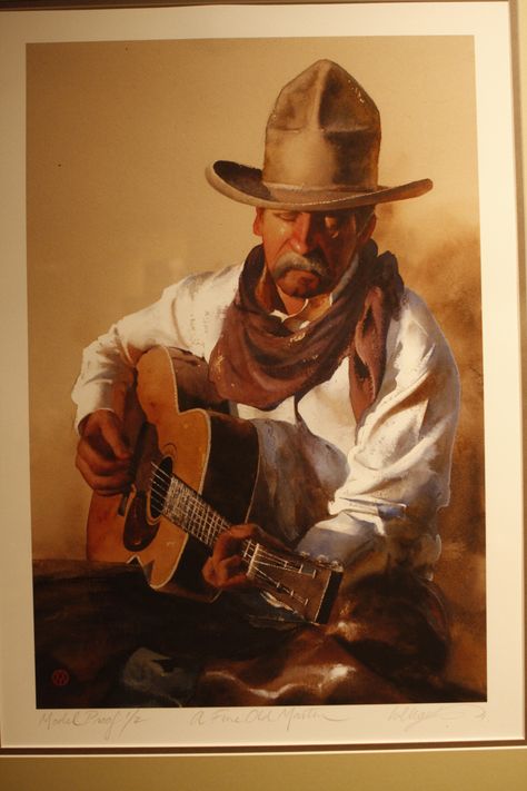 Cowboy playing a Martin guitar. Cowboy Hat Drawing, Cowboy History, Hat Drawing, Midnight Cowboy, Epic Tattoo, Cat Tat, Martin Guitar, Western Artist, Guitar Painting