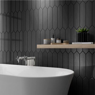 Black Picket Tile Shower Wall, Black Tile Wallpaper, Modern Black And White Master Bath, Black Glass Tile Backsplash, Black Picket Tile Bathroom, Black Picket Tile Backsplash, Black Glass Backsplash, Modern Black Backsplash, Modern Luxury Bathroom Design Master Bath Tile