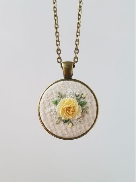 Yellow Pendant, Rose Embroidery, Rose Necklace, Embroidery Jewelry, Embroidery Hoop Art, Hoop Art, Brass Pendant, Embroidery Projects, Yellow Roses