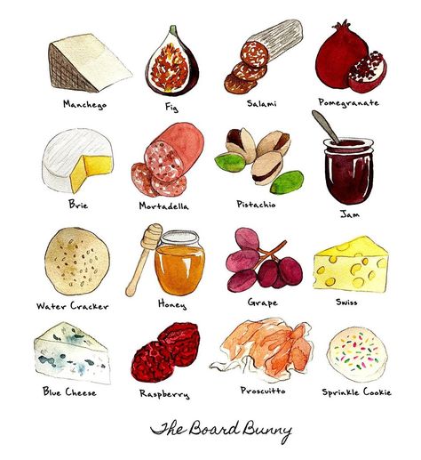 Art by Elowyn on Instagram: “I illustrated this adorable and delicious custom piece for @theboardbunny, if I could illustrate cheese & charcuterie all day everyday I…” Charcuterie Art Print, Charcuterie Watercolor, Charcuterie Board Painting Ideas, Charcuterie Drawing, Charcuterie Board Drawing, Charcuterie Illustration, Charcuterie Board Painting, Painted Cheese Board, Charcuterie Board Art