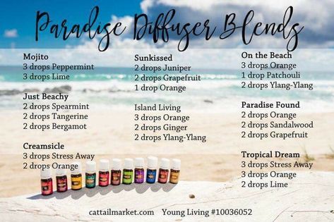 Paradise diffuser blends Summer Diffuser Blends, Nature Living, Essential Oil Diffuser Blends Recipes, Essential Oil Remedy, Young Living Essential Oils Recipes, Essential Oils Guide, Essential Oil Diffuser Recipes, Oil Diffuser Recipes, Essential Oil Mixes