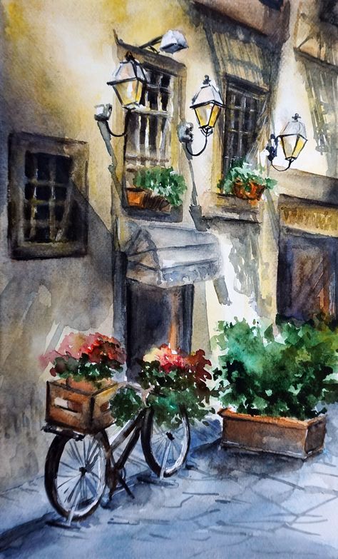 Street Painting Watercolor, Watercolor Street Painting, Italy Painting Watercolour, Italian Pictures Art, Street Painting Acrylic, Watercolor Street Scenes, Italy Painting Acrylic, Architecture Painting Acrylic, Italy Watercolor Paintings