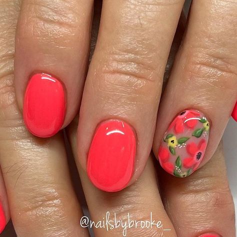 Brooke Jensen on Instagram: "Florals for summer!☀️ . . . . #gelpolish #handpaintednailart #naturalnailsonly #utahnailtech #utahnailartist #nailartist #nailart #naildesigns #nailartdesigns #freehandart #freehandnailart #gelnails #nails #nailmagazine #nailinspo #summernailinspo #summernails #julynails #summerflowernails #flowernails #brightnails #brightflowernails #brightnails #coralnails #coralflowernails #trendynails #boycottboringnails #nailinspiration #nailsofinstagram #naileditdaily #neonsummerflowernails" Coral Nails With Flowers, Summer Nails Fun, Bali Nails, Tropical Flower Nails, Nails With Flowers, Pretty Nail Colors, Art Deco Nails, Coral Nails, Nails Fun