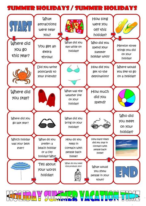 Board Game: Summer Holiday - English ESL Worksheets for distance learning and physical classrooms English Grammar Games, Speaking Activities English, Summer Vocabulary, Speaking Games, Esl Grammar, Holiday Worksheets, Reading Phonics, Grammar Games, Printable Board Games