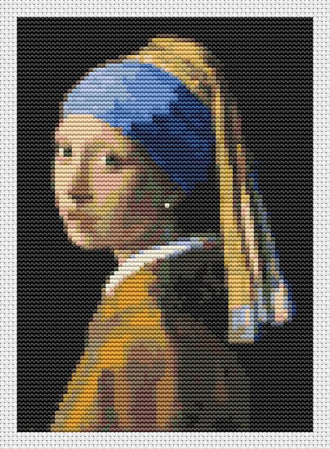 Girl With The Pearl Earring, Girl With Pearl Earring, Cross Stitch Beginner, Girl With A Pearl Earring, Pixel Art Grid, Johannes Vermeer, Mini Cross Stitch, Mini Cross, Pixel Pattern