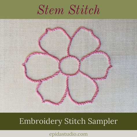 Stem stitch is a great option for stitching simple motifs. It is similar to backstitch, but the overlap makes a smoother line. This tutorial includes the flower motif and instructions for stitching. #stemstitchembroidery #embroiderysampler Stem Stiching Designs, Stem Stitch Embroidery Motifs, Stem Stitch Embroidery Design, Stem Stitch Embroidery, Stem Embroidery, Branches Embroidery, Stitch Embroidery Design, Stem Stitch, Embroidery Lessons