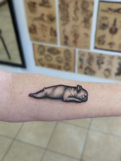 Tiny French Bulldog Tattoo, French Bulldog Memorial Tattoo, Frenchie Memorial Tattoo, Frenchie Ears Tattoo, Frenchie Tattoo Ideas, Frenchie Tattoos, Dad Tattoo Ideas, Bday Tattoo, Halo Tattoo