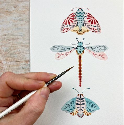 Watercolour Dragonfly, Moth Pattern, Watercolor Doodles, Art Dragonfly, Watercolor Dragonfly, Motif Art Deco, Bug Art, Illustration Noel, Hemma Diy