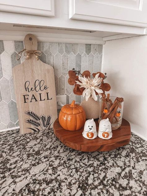 Autumn Aesthetic House Decor, Fall Garland Tv Stand, Fall Home Decor Apartment, Blue And White Fall Decor Kitchen, Fall Home Decor Coffee Table, Fall Decorated Entertainment Center, Fall Decorations Apartment Small Spaces, Kitchen Counter Corner Fall Decor, Fall Decor On Entertainment Center