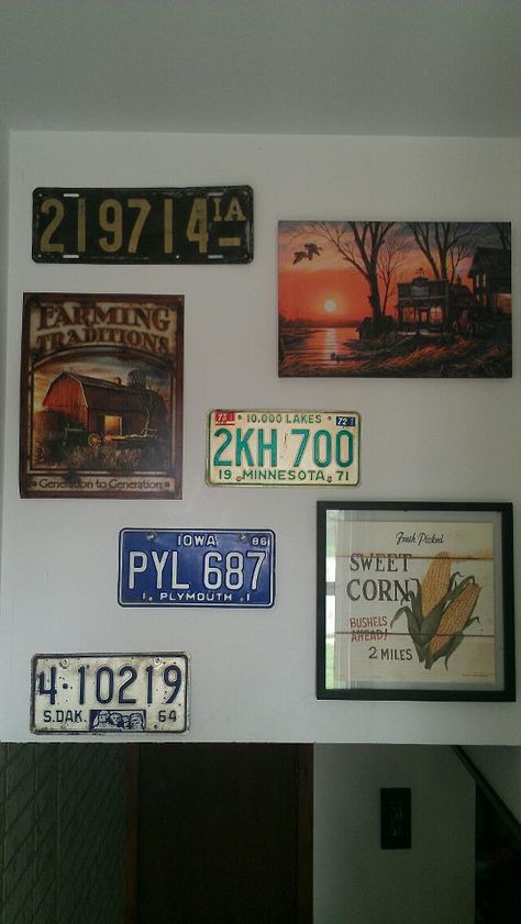 I found another pinterest idea and made it to be a Midwestern feel. I found all my licence plates at antique stores and my pictures from allposters.com Licence Plates, License Plates, Antique Stores, Made It, License Plate, My Pictures, 10 Things, Wall, Home Decor