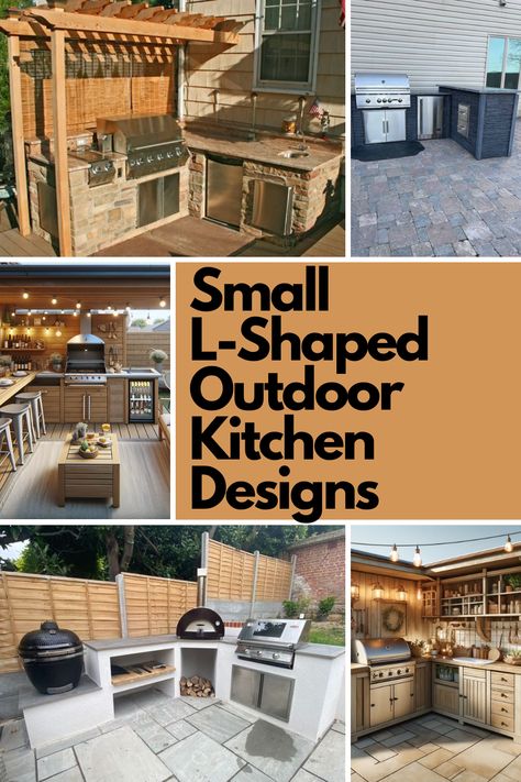 Dreaming of the perfect outdoor kitchen? These 7 small L-shaped designs combine style and functionality, making the most of compact spaces. From rustic retreats and tropical paradises to modern minimalist setups, discover layouts that are perfect for cooking, entertaining, and relaxing. Whether you're hosting a barbecue or mixing drinks, these ideas will inspire your dream outdoor space. Explore the full post for all the details! Corner Outdoor Kitchen Ideas, Backyard Outdoor Kitchen Ideas, L Shaped Bbq Area, Compact Outdoor Kitchen, L Shaped Backyard Ideas Layout, Small Patio Kitchen Ideas, Small Outdoor Kitchen Ideas Simple, Outdoor Kitchen Plans Layout, Mini Outdoor Kitchen