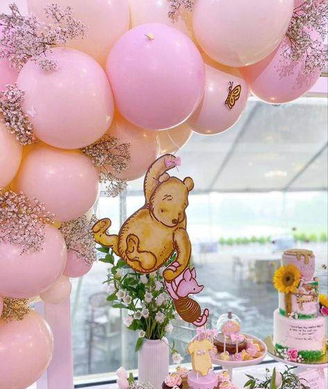 Classic Pooh First Birthday Party, Pink Winnie The Pooh Party, Weenie The Pooh Baby Shower Ideas Girl, Baby Girl Winnie The Pooh Baby Shower Ideas, Pink Winnie The Pooh Baby Shower, Girl Baby Shower Winnie The Pooh, Baby Shower Winnie The Pooh Decorations, Pooh Bear Baby Shower Ideas Girl, Piglet Baby Shower Ideas