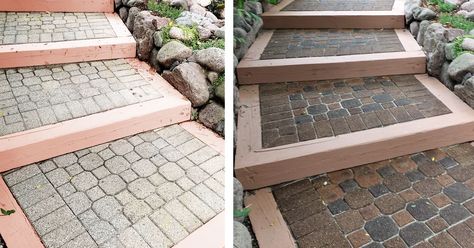 How to Prevent and Fix Faded Brick & Concrete Pavers - This Old House Stain Concrete Pavers, Transparent Concrete, Stained Brick, Brick House Exterior Makeover, Pavers Diy, Diy Patio Pavers, Concrete Walkway, Paver Walkway, Bricks Diy