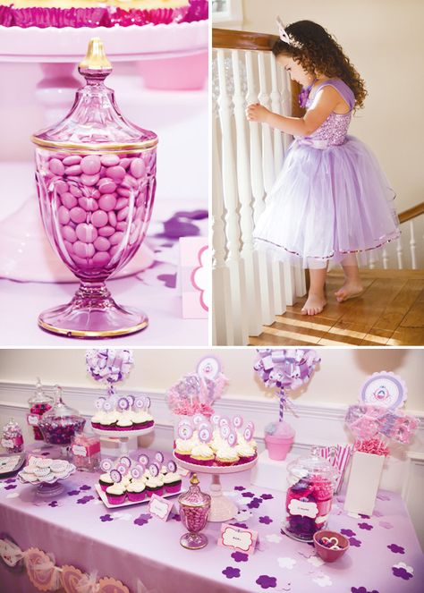 pink-purple-princess-party-dessert-table Purple Themed Birthday, Purple Themed Birthday Party, Purple Princess Party, Lila Party, Sofia The First Party, Sofia The First Birthday Party, Princesa Sophia, Sofia Party, Purple Princess