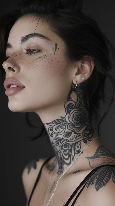 tattoo Feminine Neck Tattoos For Women, Front Of Neck Tattoos Women, Neck Tattoo Woman, Womens Neck Tattoos, Tattoo Woman Face, Simple Neck Tattoos, Throat Tattoos, Nose Tattoo, Face Tats