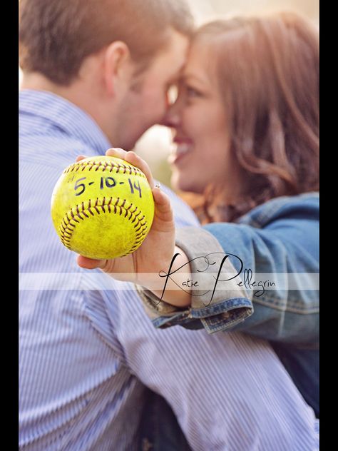 Softball engagement picture Baseball Engagement Photos, Softball Wedding, Softball Field, Baseball Wedding, Softball Equipment, Prom Couples, Sports Wedding, Golf Course Wedding, Engagement Picture