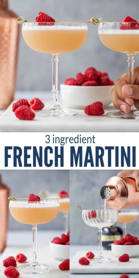 Are you looking for a fun, easy cocktail to make for your next happy hour? This 3 Ingredient French Martini comes together with a few shakes of vodka, Chambord, and pineapple juice. It's sure to impress your friends when you show up with this sophisticated and refreshing cocktail. #cocktailrecipe #martinirecipe #martinis #frenchmartini #cocktails #vodkarecipe Easy Fun Martinis, Martini With Pineapple Juice, Good Martini Recipes, Pitcher Martini Recipe, Fruity Martini Recipes Vodka, French Martini Chambord, Refreshing Martini Recipes, Different Martini Recipes, Martini Recipes Fruity