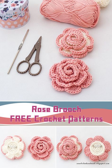 Discover these beautiful #crochet patterns for a rose brooch! They're perfect for adding a touch of elegance to any outfit. Get creative and make your own unique designs. #DIY Crochet Rose Applique Free Pattern, Large Crochet Rose Pattern Free, Crochet Rose Earrings Free Pattern, Crochet Rosebud Pattern Free, Crochet Rose Written Pattern Free, Decorated Bags, Valentines Day Baby, Valentines Roses, Knitting Paterns